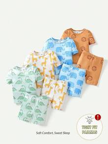 8Pcs/Set Snug Fit Baby Boy Pajamas, Featuring Various Animal Graphic Prints, Simple And Modern Style, Smooth Soft Fabric For Comfortable Sleepwear - Multicolor - View 1