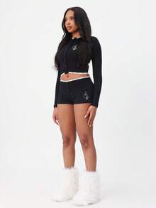 BABYPHAT Ribbed Logo Pajama Shorts With Button Front And Contrast Trim Details For Cozy Night Sleep Loungewear - Black - View 6