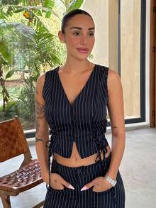 Mélanie ORL V 领无袖侧系腰直筒裤海军蓝条纹西装套装，初秋装返校学院风上衣 2 件套海军蓝裤子老款风格，商务休闲女装，办公室装女装套装。条纹海军蓝套装，职业装 - 藏蓝色 - 查看 3