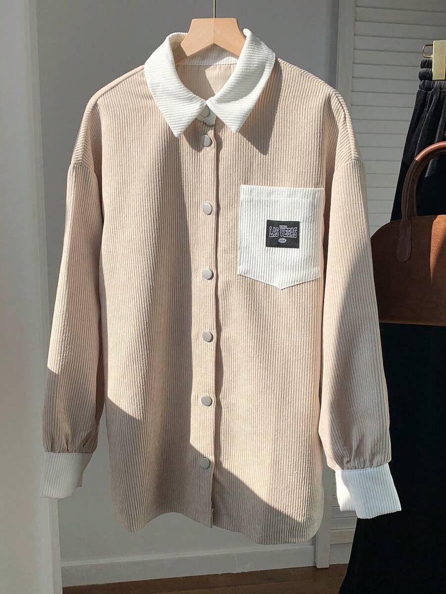SHEIN EZwear Veste chemise élégante et charmante en velours côtelé à manches longues avec poches, pour l'automne/l'hiver - Kaki - Voir 1