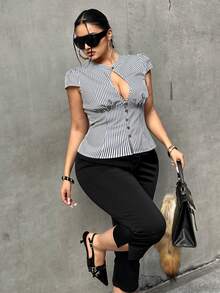 POPSWAY Plus Size Women Casual Hollow Out Sexy Short Sleeve Fitted Shirt For Outing & Vacation - Multicolor - View 5