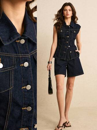 Poéselle Damjeanset med två delar: Casual, daglig pendling, ärmlös, enkelknäppt, slim fit, jeansjacka och shorts, sommarkostym, mörkblå jeanskostym, för vardagliga utflykter och resor, Y2K-musikfestivaler, jul, nyår, alla hjärtans dag