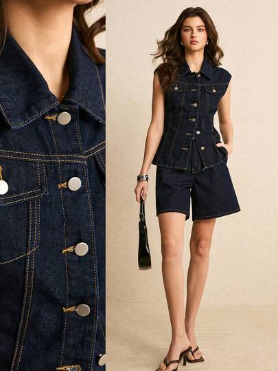 Poéselle 女士牛仔两件套：休闲日常通勤无袖单排扣修身牛仔外套和短裤套装，夏季深蓝色牛仔套装，适合日常外出和旅行，Y2K音乐节、圣诞节、新年、情人节等场合。