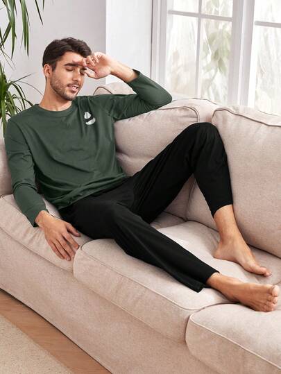 EURMUSE Ensemble de pyjama homme en coton avec t-shirt à manches longues et pantalon imprimé panda