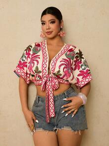 Travachic Áo croptop tay cánh dơi in họa tiết nhiệt đới cỡ lớn, thích hợp mặc đi nghỉ mát. - Hồng - Xem 4