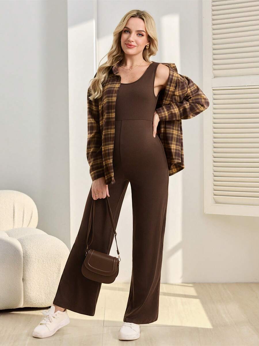 SHEIN 2pcs Maternity Set: Long Sleeve Button-Up Shirt And Jumpsuit Overalls, Casual
