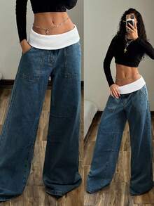 StreetHx 女士休闲水洗撞色腰带阔腿牛仔裤 - 藍色 - 查看 9