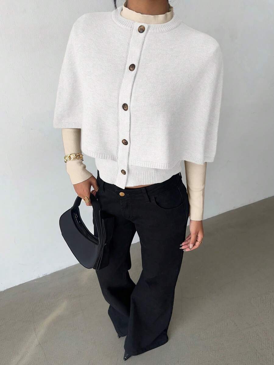 Elenzga Women's Poncho Button Elegant Batwing Knit Cardigan Sweater - White - View 1