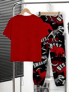 男童休闲简约风，时尚经典，Y2K风格，恐龙印花，涂鸦图案，运动休闲风，简约时尚圆领短袖T恤和裤子套装，适合春夏穿着 - 彩色 - 查看 3