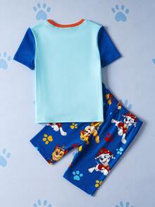 SHEIN | PAW Patrol Young Boy Cartoon Pattern Colorblock Short Sleeve Top And Shorts Snug Fit Pajamas Set - Blue - View 2