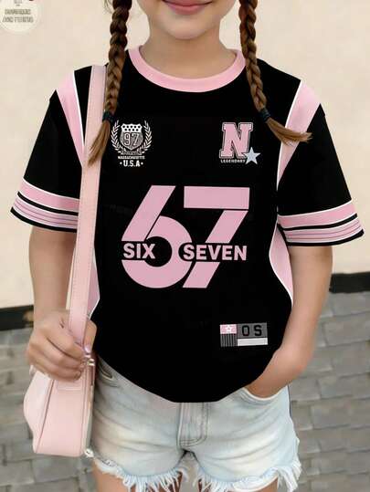 Sparklyn 1pc Tween Girl 67 Number Football Jersey Style Graphic T-Shirt - Loose Football Jersey Style, Prominent 67 Number Print, Round Neck, Machine Washable, Suitable For Training And Casual Wear All Season