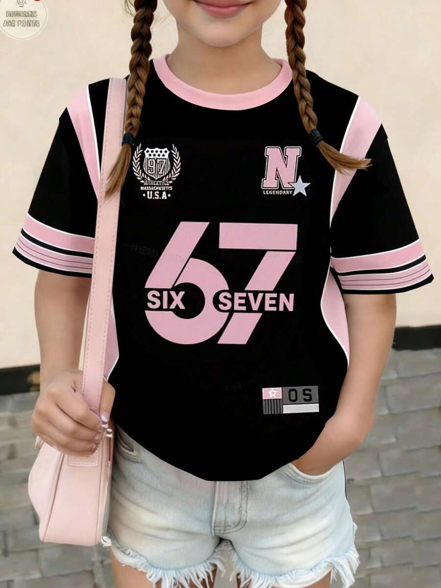 Sparklyn 1件少女67号足球球衣风格印花T恤 - 宽松足球球衣款式，醒目的67号印花，圆领，可机洗，适合训练和日常休闲穿着，四季皆宜 - 粉色 - 查看 1