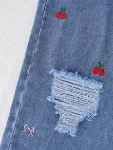 Girls' Y2K Straight Leg Jeans, Spring/Autumn New Arrival, Blue Washed, Cute Cherry Blossom & Bow Embroidery, Distressed Design, Casual Loose Fit, Elastic Waist, Versatile For Daily, Party, School, Travel, Commute, 25 Autumn New Collection - Medium Wash - View 5