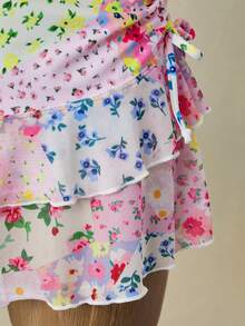 Swim Mod 3pcs Women's Summer Ditsy Floral Patchwork Triangle Top & Ruched Drawstring Skirt Swimwear Set - Multicolor - View 10