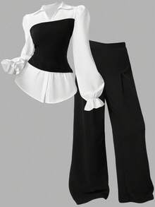 SHEIN Girlism Teen Girls 2pcs/Set Knitted Color Contrast Collared 2 In 1 Long Sleeve Shirt And Wide-Leg Pants,Black And White,Autumn,Holiday,Back-To-School Outfit - Black and White - View 10