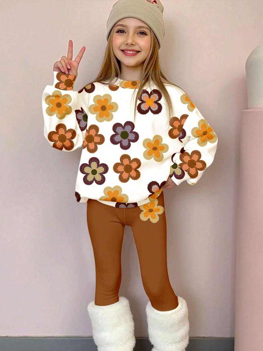 SHEIN Y2K 舒适季节年轻女孩休闲圆领长袖运动衫和紧身裤两件套，复古甜美森系女孩风格，纹理花卉印花，学院风时尚宽松版型，适合秋冬季家居服 - 彩色 - 查看 1