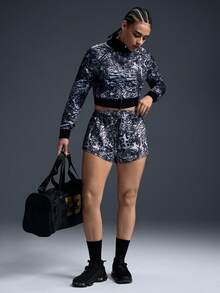 Powerista Women's Stand Collar Zipper Front Fashionable Versatile Vacation Travel Long Sleeve Zebra Print Sports Jacket - Black and White - View 7