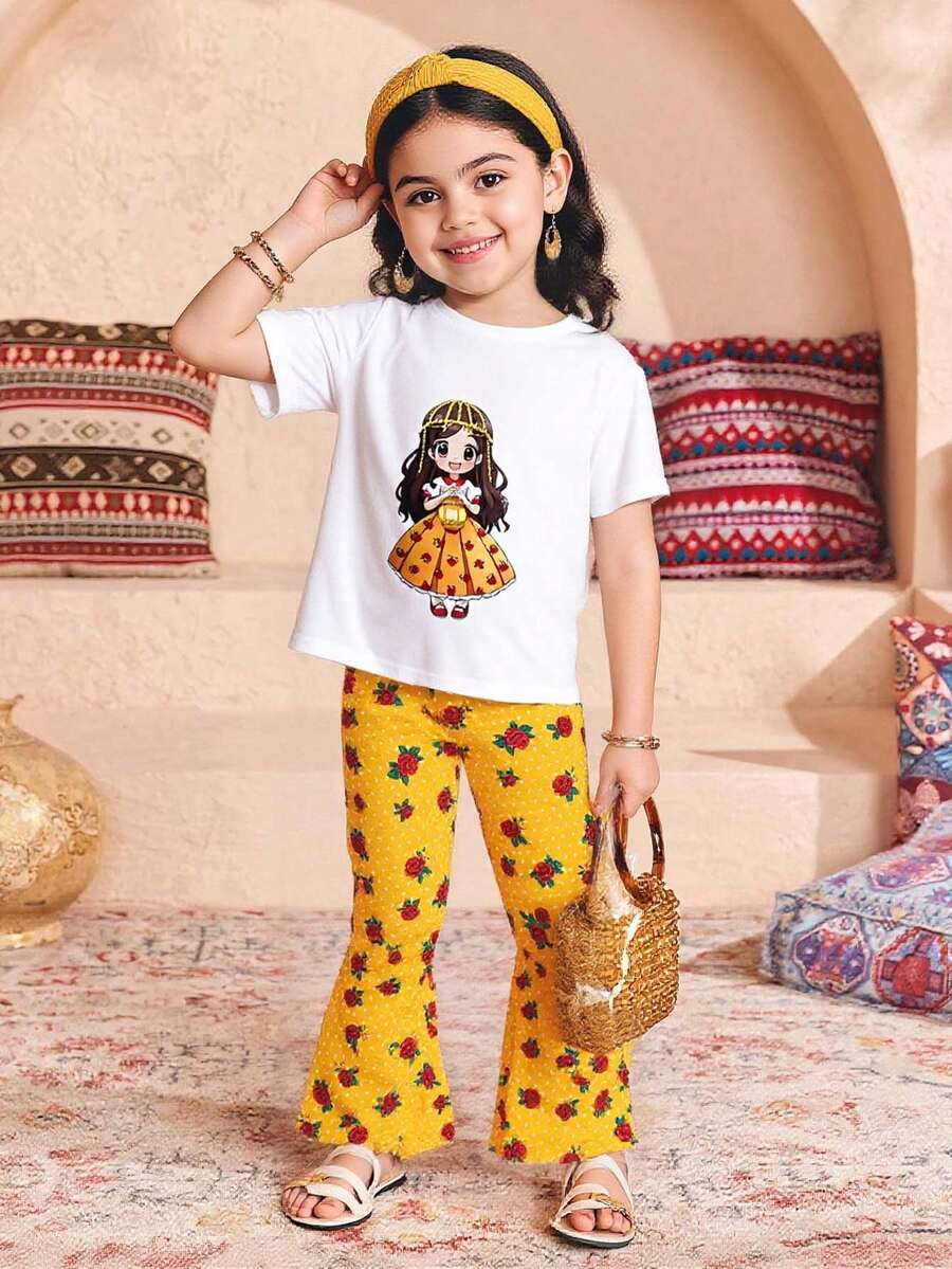 2pcs/Set Young Girls Cute Lantern Girl Pattern White Comfortable Top T-Shirt Paired With Rose Flower Yellow Flare Pants T-Shirt Suit - Multicolor - View 1