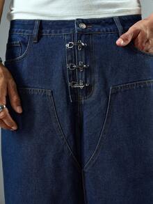 ROMWE MEN Essentials Men's Casual Washed Wide Leg Capri Jeans - Navy Blue - View 2