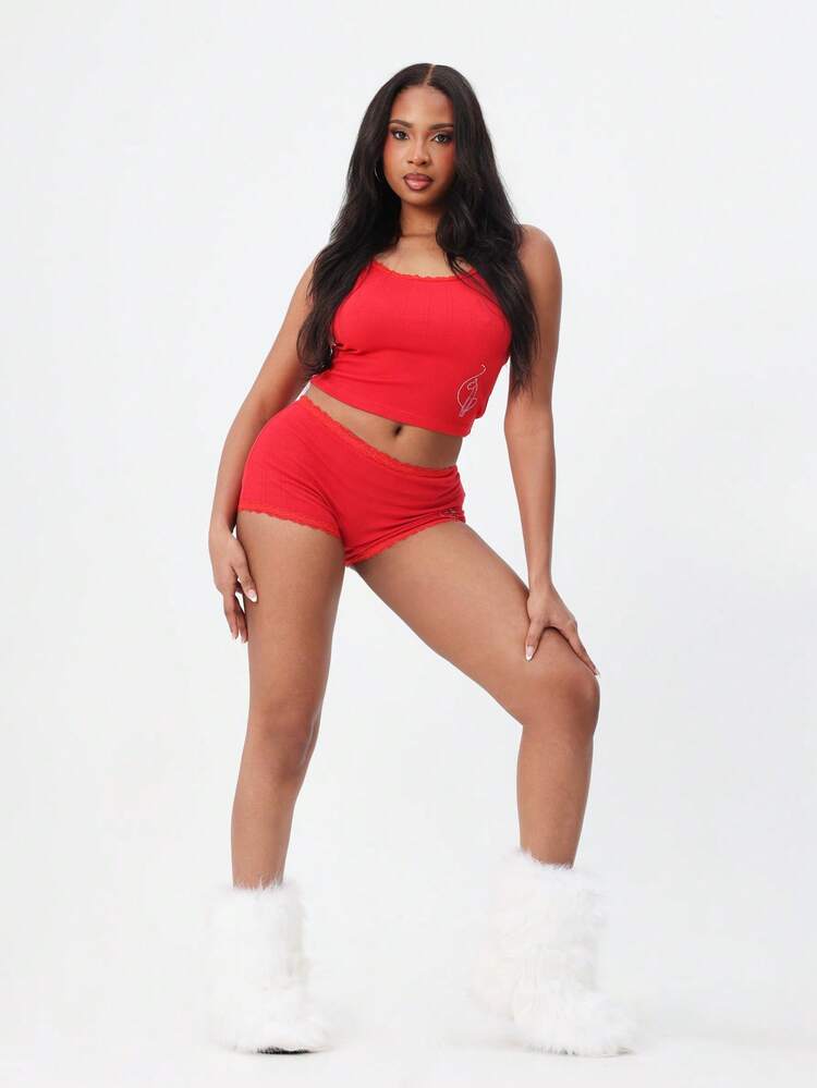 BABYPHAT Comfortable Red Ribbed Pajama Shorts With Lace Trim And Logo Detail For Loungewear Sleep