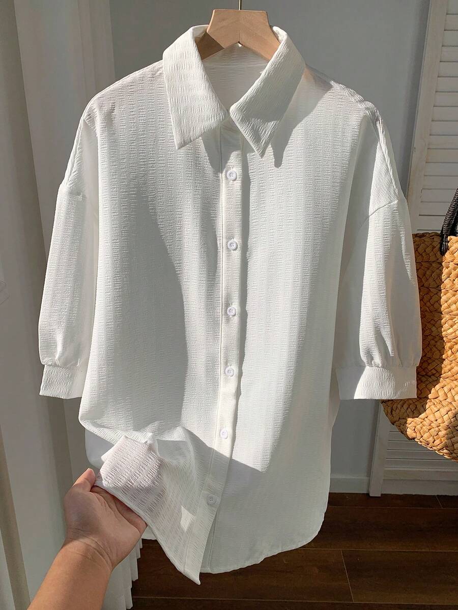 SHEIN EZwear Linen Solid Drop Shoulder Button Front Beach Shirt - White - View 1