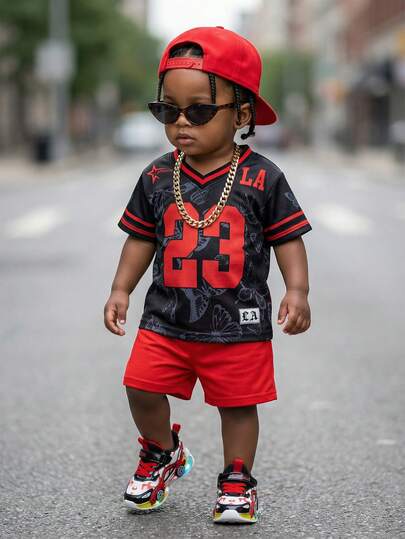SHEIN 2pcs Baby Boy Casual Sports 23 Number Print V-Neck Short Sleeve T-Shirt And Shorts Set, Baby Boy Clothes Streetwear Baby Boy Clothes Sporty Boy Clothes Baby Boys Clothes Baby Boy Summer Clothes Baby Boys Sets Baby Boy Clothes Sporty Baby Boy Sports Clothes Baby Boy Jersey Boy Clothes Set Boy Clothes For Baby Summer Boy Clothes For Baby Infant Baby Boys Clothes Kid Clothes Clothes Baby Outfit 6M-3T Baby Boy Streetwear Red A Red And Black Outfi Red And Black Outfit Red And Black Outfit