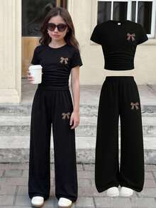 SHEIN Tween Girls Leopard Bow Print Short Sleeve T-Shirt & Long Pants 2 Pieces Set, Casual Daily Fashion Matching Outfit Teen 2 Pieces Pants Set Girls Ribbed Set Girls Pants And Top Flare Pants Set Kids Girls Wide Leg Pants Set - Black - View 7