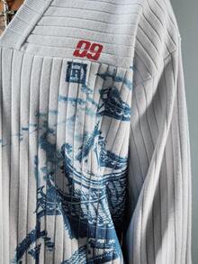 ROMWE MEN Street Life Men's Blue V-Neck Sweater With Architectural Line Pattern - Grey - View 2