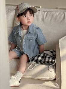 DAZY Bộ 2 món áo sơ mi và quần short denim cổ bẻ cho bé trai, thích hợp cho mùa hè. - Màu xanh lam - Xem 6