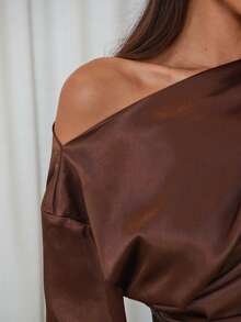 Aloruh Women's Old Money Style Elegant Commuter Asymmetric  Off The Shoulder Cinched Waist Ruched Brown Satin Blouse,Elegant Women's Blouses,Brown Top - Brown - View 8