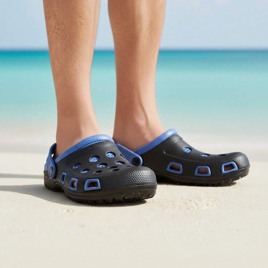 Sandalia Chanclas tipo zueco hombre ligera resistente ventilación cómoda playa piscina antideslizante verano casual ajuste práctico doble color - Black and Dark Blue - Ver 1