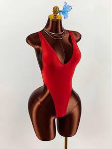 Amplova 女士深V领性感露背连体泳衣，高衩超性感丁字裤泳装 - 紅色 - 查看 6