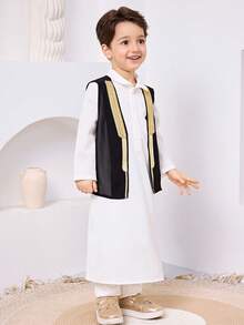 SHEIN 2-Piece Set Young Boys Traditional Casual Sportswear,Retro Art Golden Edge Ribbon Shirt Robe&Cardigan,Autumn Kids Outfits For Wedding,Evening Party - Black and White - View 6