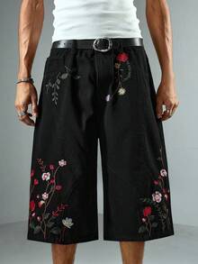 ROMWE MEN Street Life Men's Embroidered Floral 3/4 Denim Shorts - Black - View 1