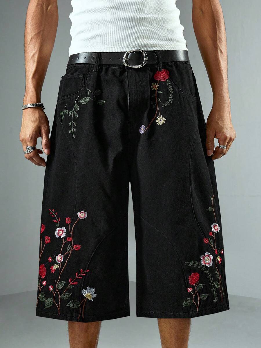 ROMWE MEN Street Life Men's Embroidered Floral 3/4 Denim Shorts - Black - View 1