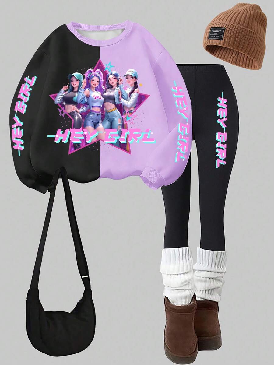 一套少女“HEY ERIL”星光女孩印花圆领卫衣和打底裤套装,时尚冬季少女装,适合K-POP风格 - 彩色 - 查看 1