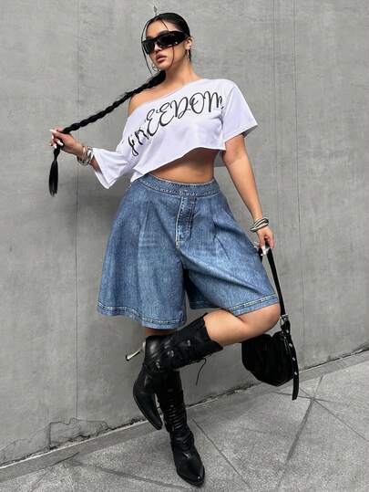 POPSWAY Plus Size Women Casual Denim Print Long Shorts, Elegant Commuter Style, Spring/Summer