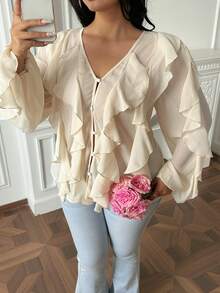 Flirla Casual Elegant Romantic Ruffle Trim V-Neck Loose Flattering Long Sleeve Plus Size Women Blouse, Apricot Color - Apricot - View 7