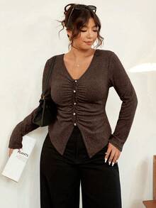 Vionelle Plus Size Pleated Striped Brushed Knit V-Neck Fitted Long Sleeve T-Shirt, Slimming, Autumn/Winter Brown Tops For Women Coffee Brown Top Brown Cardigan Dark Brown Top Brown Long Sleeve Top - Brown - View 5