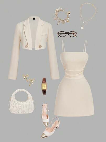 SHEIN MOD 女士纯色翻领长袖外套和褶裥吊带连衣裙优雅套装