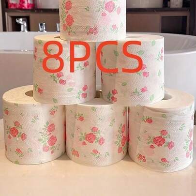 Joivida 8 Rolls Of High-Quality, Attractive Core Toilet Paper, 8 Rolls Of Flushable Toilet Paper, Rose-Patterned Toilet Paper Rolls, Suitable For Various Occasions, Premium And Practical Toilet Paper