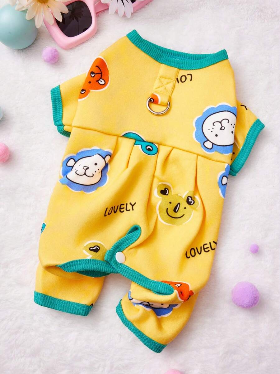 PETSIN Macacão Macio e Amigável para Uso com Guia para Animais de Estimação com Estampa de Urso e Cogumelo, Gola com Babado, Simples e Casual para Uso Doméstico no Verão/Primavera, na Cor Amarela