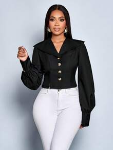 SOLERSUN Veste pour femmes en tissu épuré pour l'automne et l'hiver, avec fente à l'ourlet, manches lanternes épousant la taille, col tailleur ample, style simple, convient pour le port quotidien et les déplacements - Noir - Voir 5
