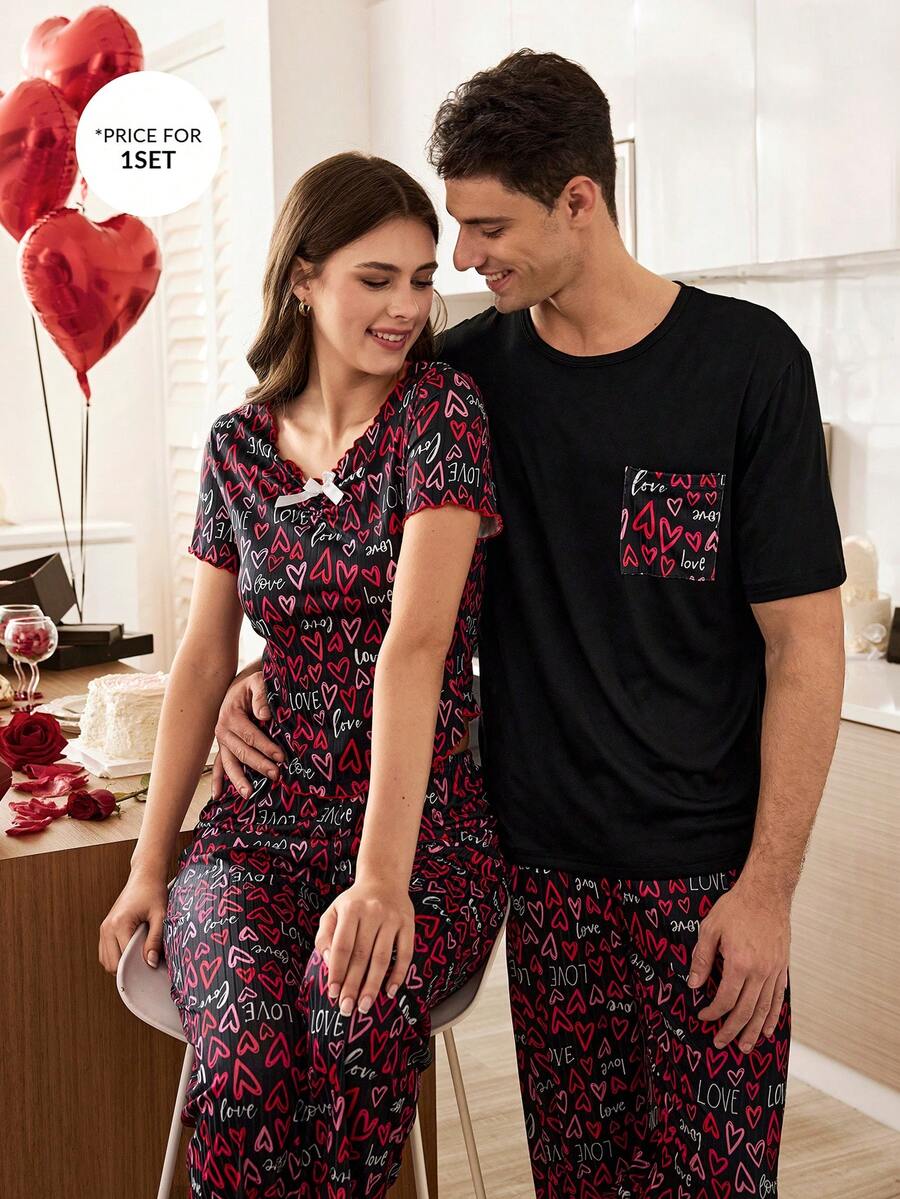 CoupledUp Men's Letter & Heart Print Short Sleeve Pajama Set - Black - View 1