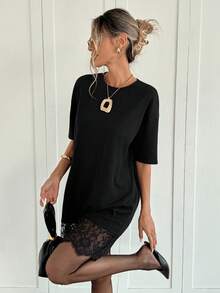 Siren Gaze 女士时尚纯色蕾丝边迷你连衣裙 - 黑色 - 查看 4