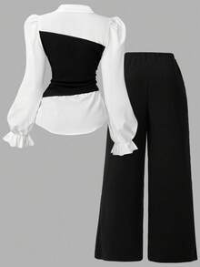 SHEIN Girlism Teen Girls 2pcs/Set Knitted Color Contrast Collared 2 In 1 Long Sleeve Shirt And Wide-Leg Pants,Black And White,Autumn,Holiday,Back-To-School Outfit - Black and White - View 9