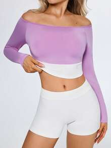Eassivo Eassivo Damen Lässiges Kontrast Farbiges Off-Shoulder Langarm Sport T-Shirt - Violett - Übersicht 6