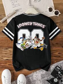 LOONEY TUNES X SHEIN 男童休闲字母卡通图案圆领短袖T恤，夏季款 - 白色 - 查看 2