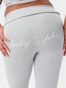 BABYPHAT Casual Lounge Flare Pants With Logo Script Print High Rise Wide Leg Bottoms Comfortable Relaxed Fit Elastic Waistband - Grey - View 7