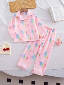 Young Girls Pajamas-2 Pieces Pajama Set This Product Requires UV Light Exposure To Glow Unicorn Pajama Set Pink Collared Long Sleeve Button Up Top With Matching Long Pants Magical Neon Horse Stars Sleepwear Loungewear Four Season Holiday 2026 Gift Essential Bedtime Favorite - Multicolor - View 3